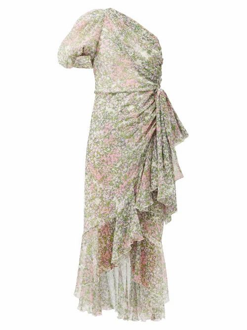 Giambattista Valli - One-shoulder Floral-print Silk Midi Dress - Womens - Green Multi