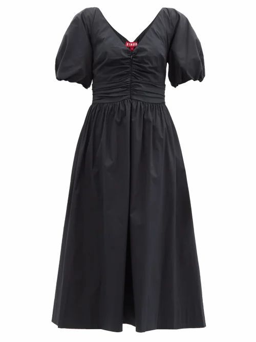Staud - Greta Ruched Cotton-blend Dress - Womens - Black