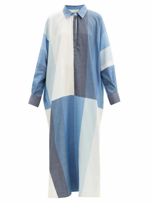 Marrakshi Life - Point-collar Colour-block Cotton-blend Kaftan - Womens - Blue Stripe