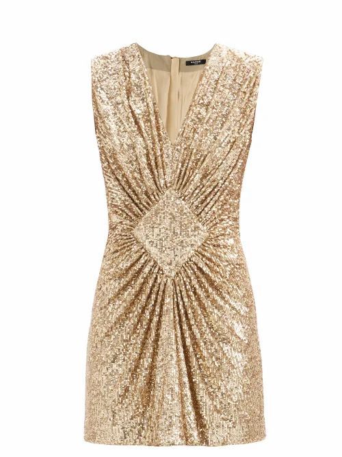 Gathered Sequinned Mini Dress - Womens - Gold