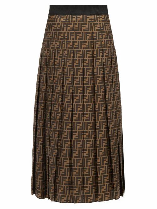 Fendi - Pleated Ff-print Silk-satin Midi Skirt - Womens - Brown
