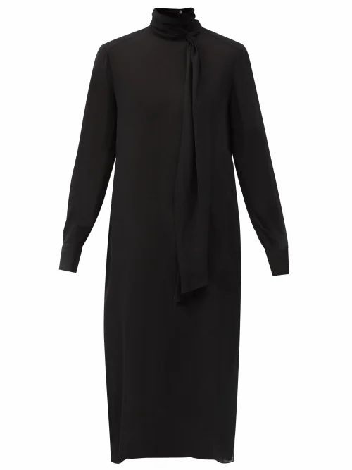 Another Tomorrow - Tie-neck Crepe Midi Dress - Womens - Black