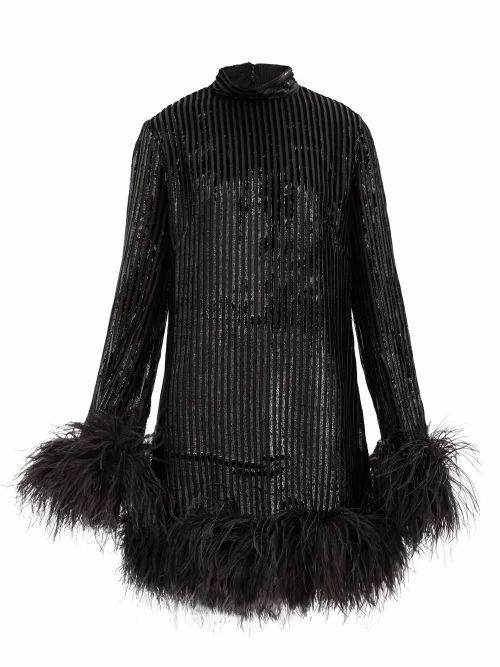 Gina High-neck Feather-trimmed Devoré Dress - Womens - Black