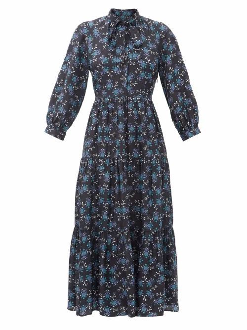 Cefinn - Olivia Floral-print Twill Midi Dress - Womens - Blue Multi