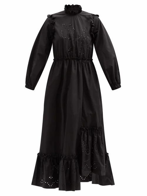 Ammon Asymmetric Broderie-anglaise Cotton Dress - Womens - Black