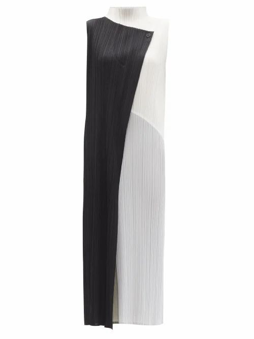 Pleats Please Issey Miyake - Panelled High-neck Technical-pleated Midi Dress - Womens - Black White