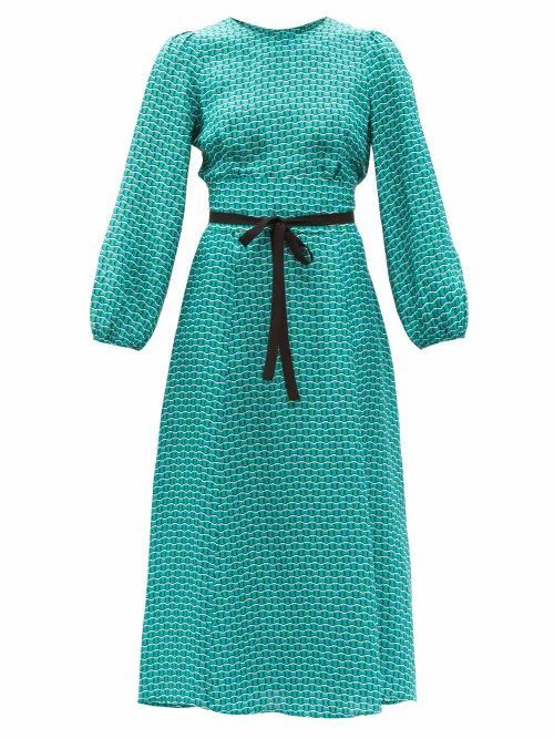 Selma Geometric-print Twill Midi Dress - Womens - Green Multi