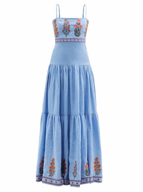 Agua By Agua Bendita - Lima Floral-embroidered Dropped-waist Linen Dress - Womens - Blue Multi