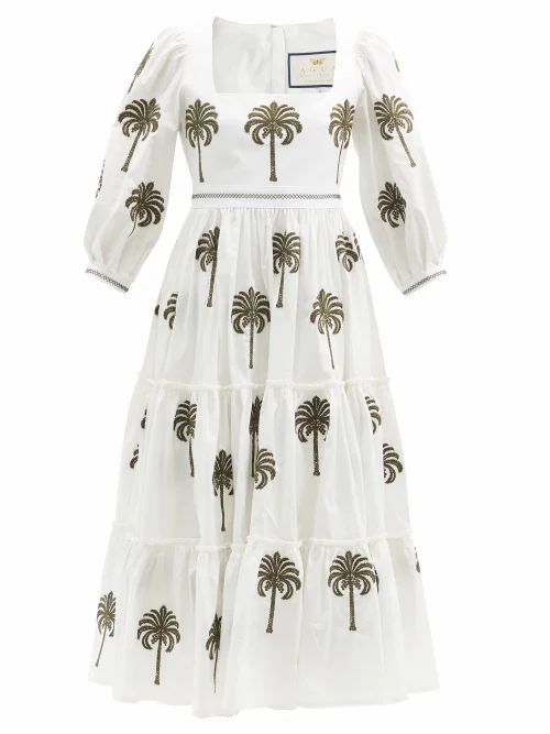 Agua By Agua Bendita - Miel Palm-tree Embroidered Cotton Midi Dress - Womens - White Multi