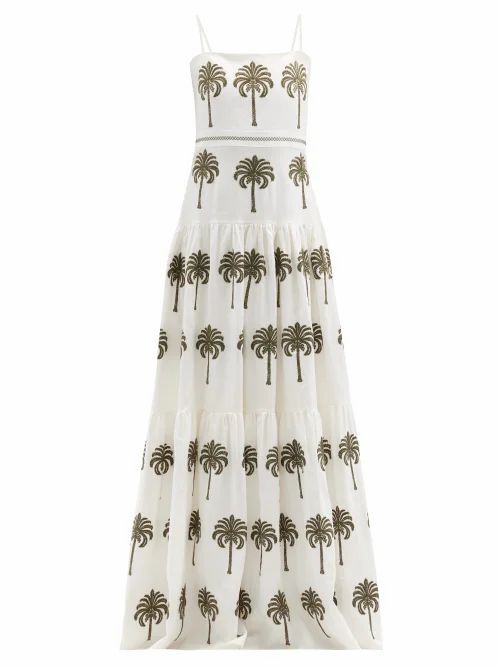 Agua By Agua Bendita - Lima Palm-tree Embroidered Linen Maxi Dress - Womens - White Multi
