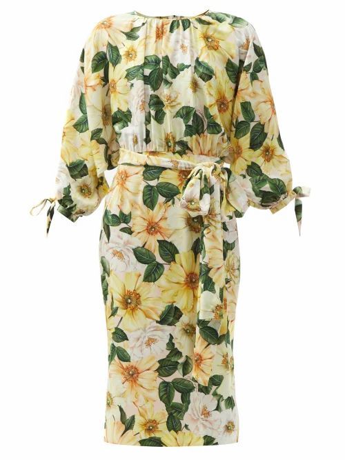 Camellia-print Silk-blend Charmeuse Midi Dress - Womens - Yellow Multi