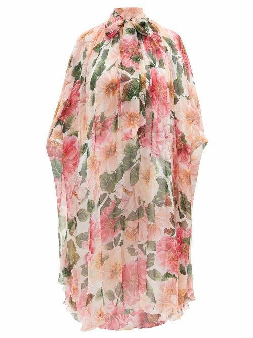 Dolce & Gabbana - Camelia-print Silk Kaftan Dress - Womens - Pink Multi