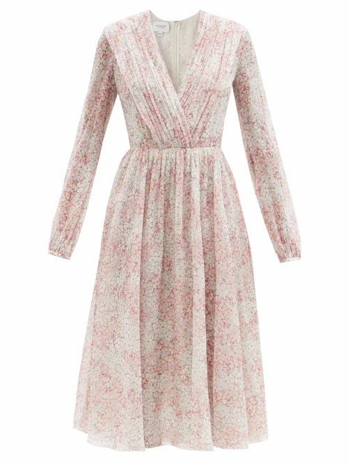 Pleated V-neck Floral-print Silk-georgette Dress - Womens - Pink Multi