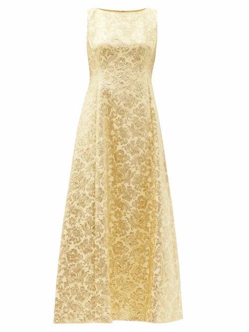 Flared Floral-brocade Dress - Womens - Yellow Gold