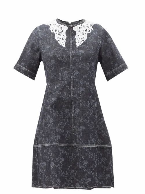 Chloé - Lace-collar Floral-print Denim Mini Dress - Womens - Grey
