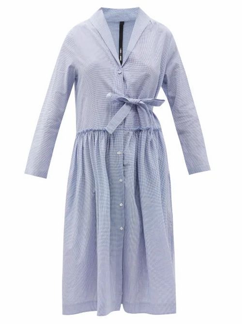 Ruffled Check Cotton Midi Dress - Womens - Light Blue
