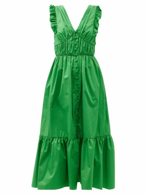 Self-portrait - Ruffled V-neck Cotton-poplin Maxi Dress - Womens - Green