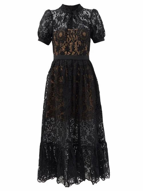 Self-portrait - Puff-sleeved Guipure-lace Dress - Womens - Black