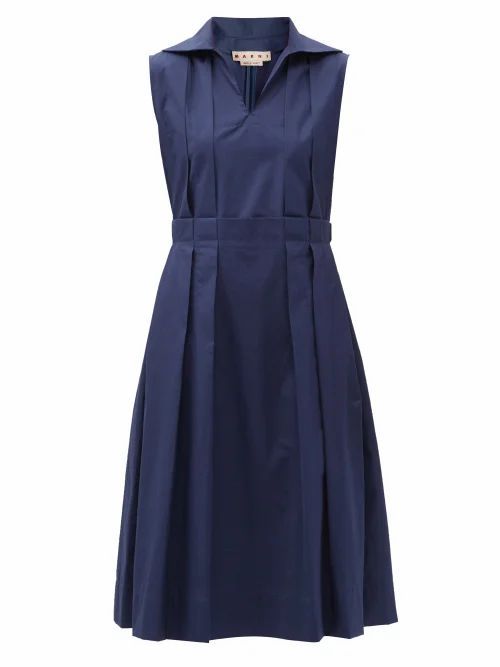 Marni - Open-collar Pleated Cotton-poplin Midi Dress - Womens - Navy