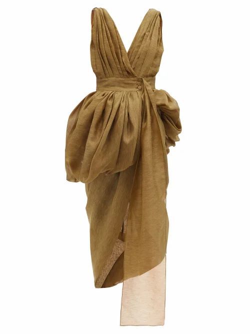 Draped Linen-blend Voile Dress - Womens - Khaki