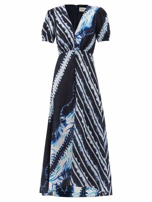 Saloni - Lea Shibori-print Silk Dress - Womens - Blue Multi