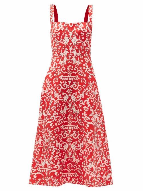 Saloni - Rachel Chilli Phoenix-print Linen Midi Dress - Womens - Red White