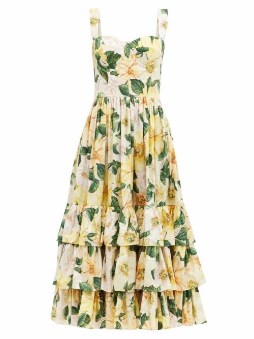 Dolce & Gabbana - Tiered Camellia-print Cotton-poplin Midi Dress - Womens - Yellow Print