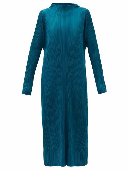 Pleats Please Issey Miyake - High-neck Technical-pleated Midi Dress - Womens - Dark Blue