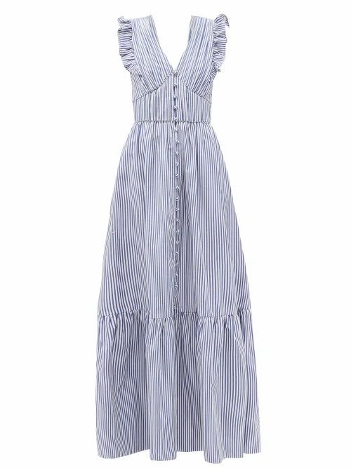 Ruffled V-neck Striped Cotton-poplin Maxi Dress - Womens - Blue White