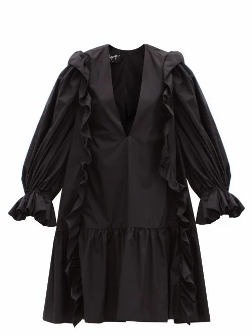 Plunge-neck Gathered Cotton-poplin Dress - Womens - Black