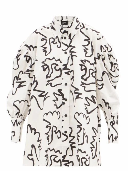 Squiggle-print Cotton Shirt Dress - Womens - White Print