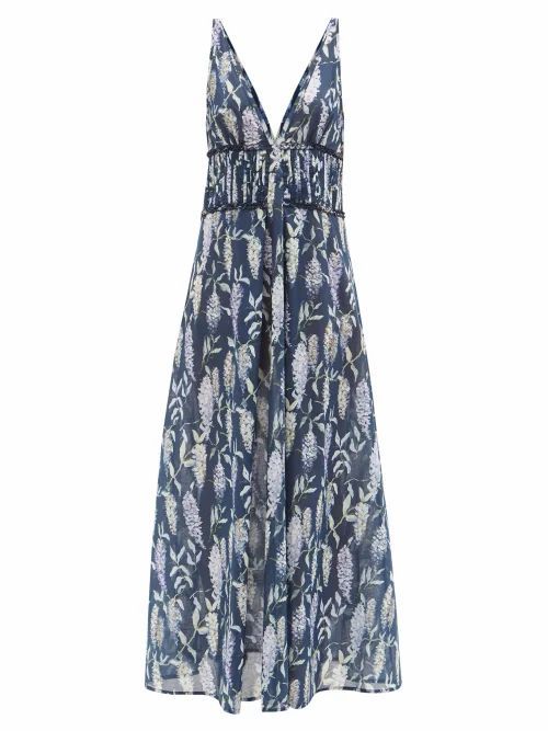 Galanthya - Teresa Plunge-neck Asia-print Cotton Maxi Dress - Womens - Navy Print