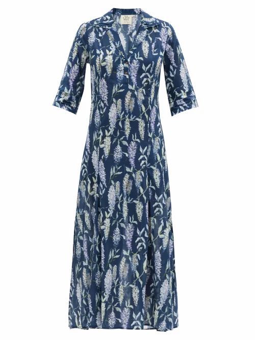 Galanthya - Angeles Asia-print Cotton Midi Shirt Dress - Womens - Navy Print