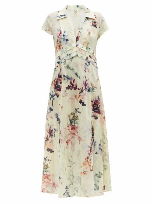 Galanthya - Gracia Europa Floral-print Cotton Dress - Womens - Cream Print