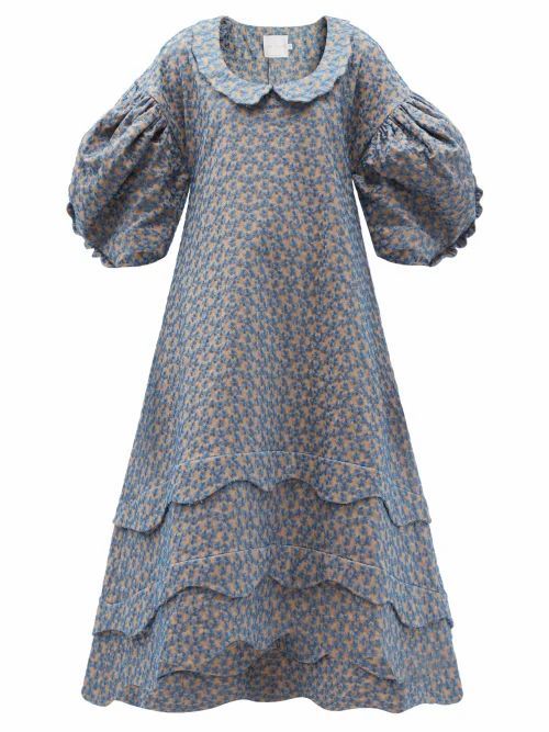 Kika Vargas - Scalloped Embroidered Cotton-blend Dress - Womens - Blue Multi