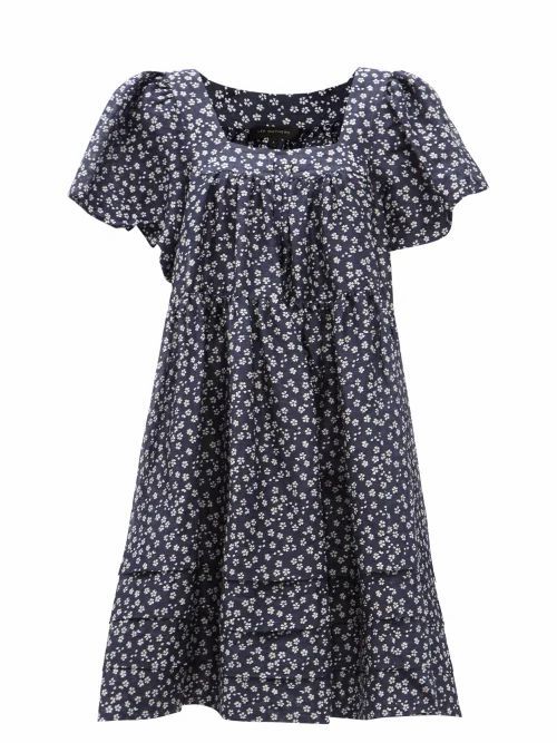 Constance Puff-sleeve Floral Linen-blend Dress - Womens - Navy
