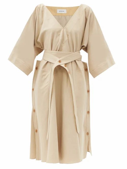 Belted Cotton-blend Canvas Dress - Womens - Beige