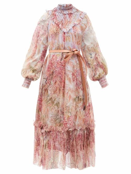 Zimmermann - Botanica Smocked Floral-print Silk Midi Dress - Womens - Pink Print
