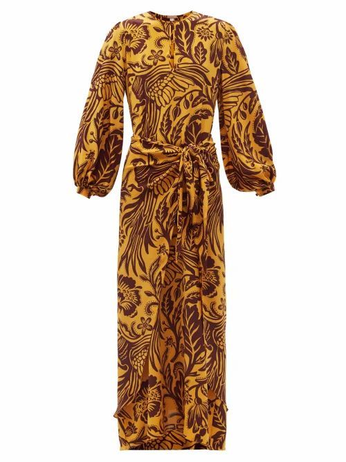 Johanna Ortiz - Traditional Landscape Silk Crepe De Chine Dress - Womens - Yellow Multi