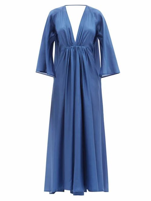 Kalita - Clemence Gathered Silk-habotai Maxi Dress - Womens - Dark Blue
