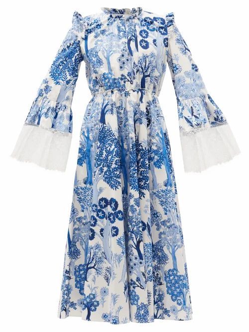 Giambattista Valli - Botanical-print Lace-cuff Cotton-poplin Dress - Womens - Blue White