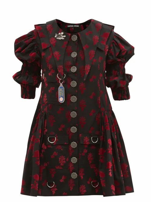 Chopova Lowena - Puff-sleeve Flocked-floral Organic-cotton Dress - Womens - Black Red