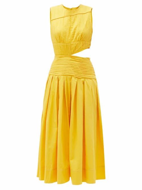 Aje - Cascada Cutout Pleated Cotton Midi Dress - Womens - Yellow