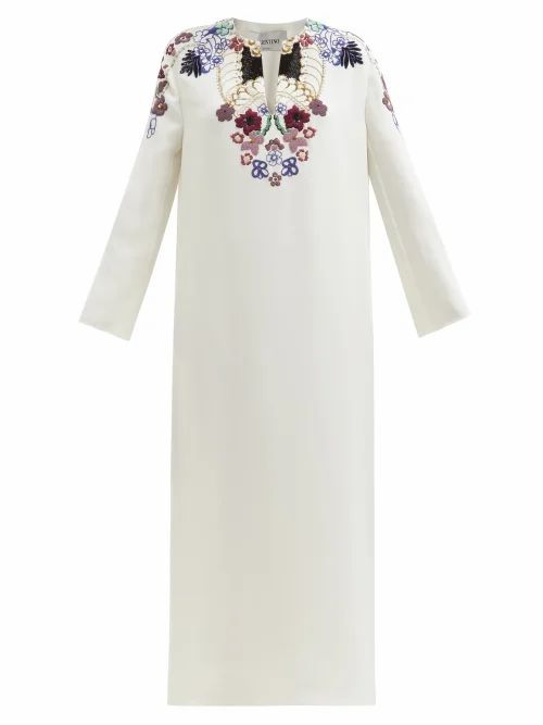 Valentino - Arazzo-embroidered Silk-cady Midi Dress - Womens - White Multi