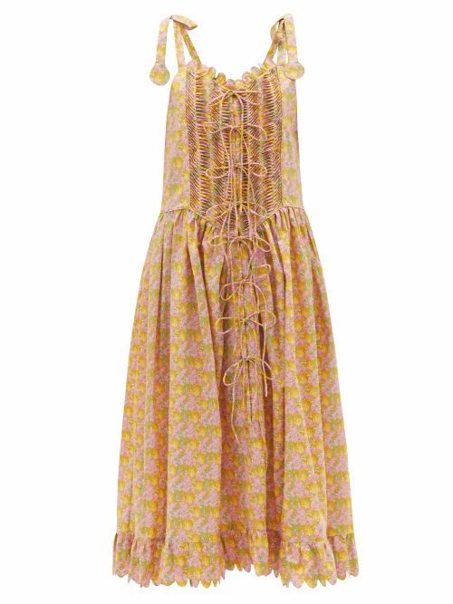 Thekla Basque-waist Floral Cotton-poplin Dress - Womens - Yellow Multi
