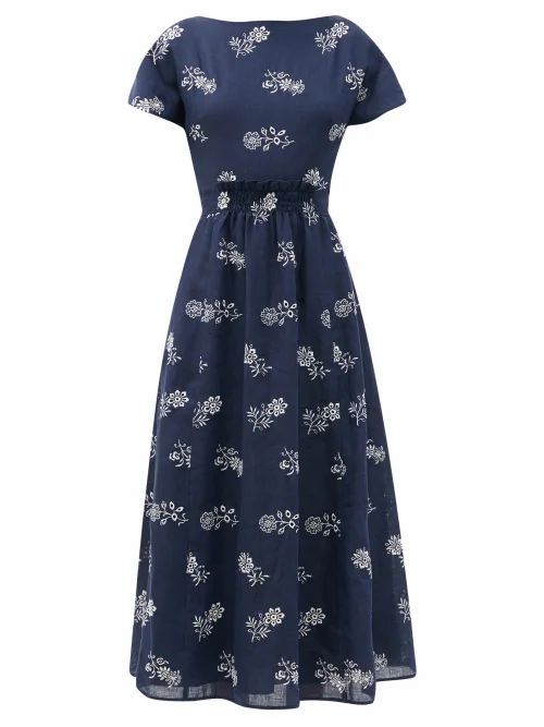 Fraser Floral-embroidered Linen Midi Dress - Womens - Navy Multi