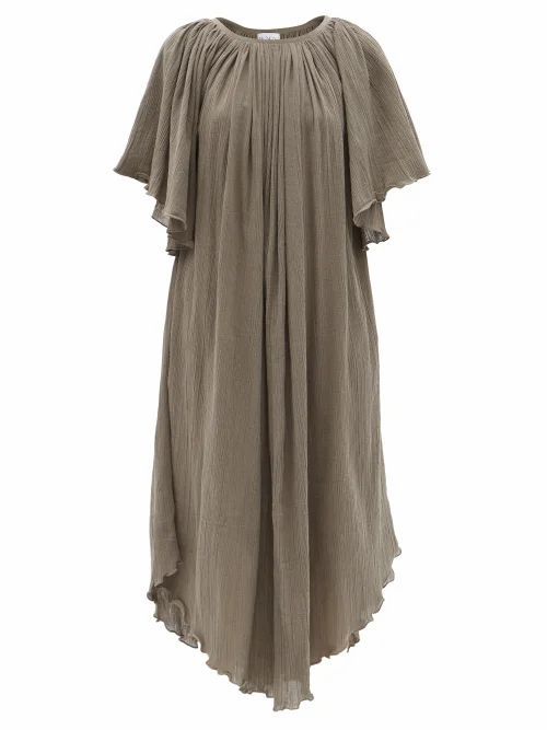 Angel-sleeve Cotton-cheesecloth Dress - Womens - Khaki
