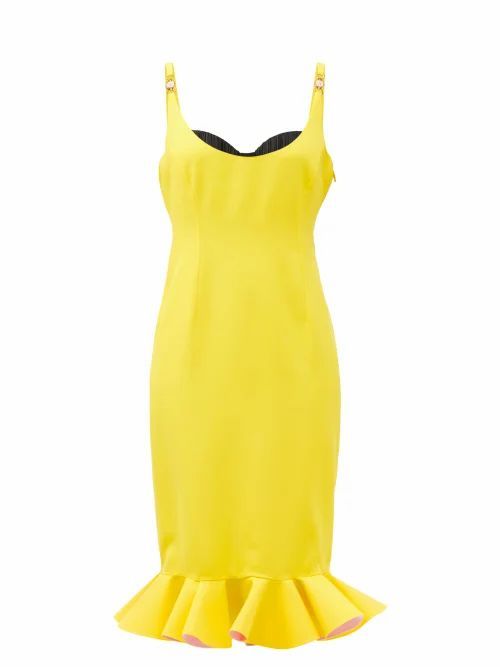 Sweetheart-neck Flounced Crepe Pencil Dress - Womens - Yellow Multi