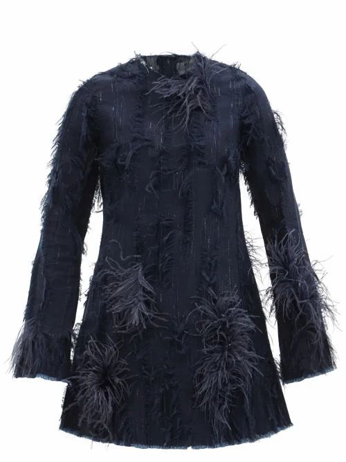 Marques'almeida - Feather-trimmed Distressed Denim Mini Dress - Womens - Dark Denim
