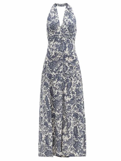 Bella Freud - Darling Ossie Floral-print Crepe Halterneck Dress - Womens - Blue White